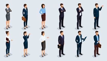 People Isometric 3D, isometric businessmen and business woman business clothes human movement. Concept isolated on a light background
