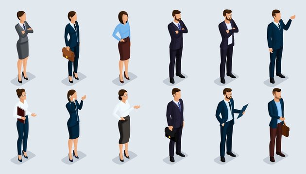 People Isometric 3D, Isometric Businessmen And Business Woman Business Clothes Human Movement. Concept Isolated On A Light Background