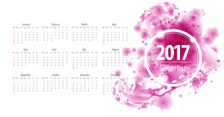 Calendar 2017 week starts from sunday purple