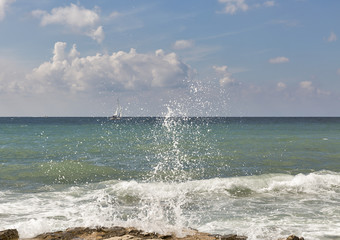 Seascape with sailing yacht in Istria, Croatia.