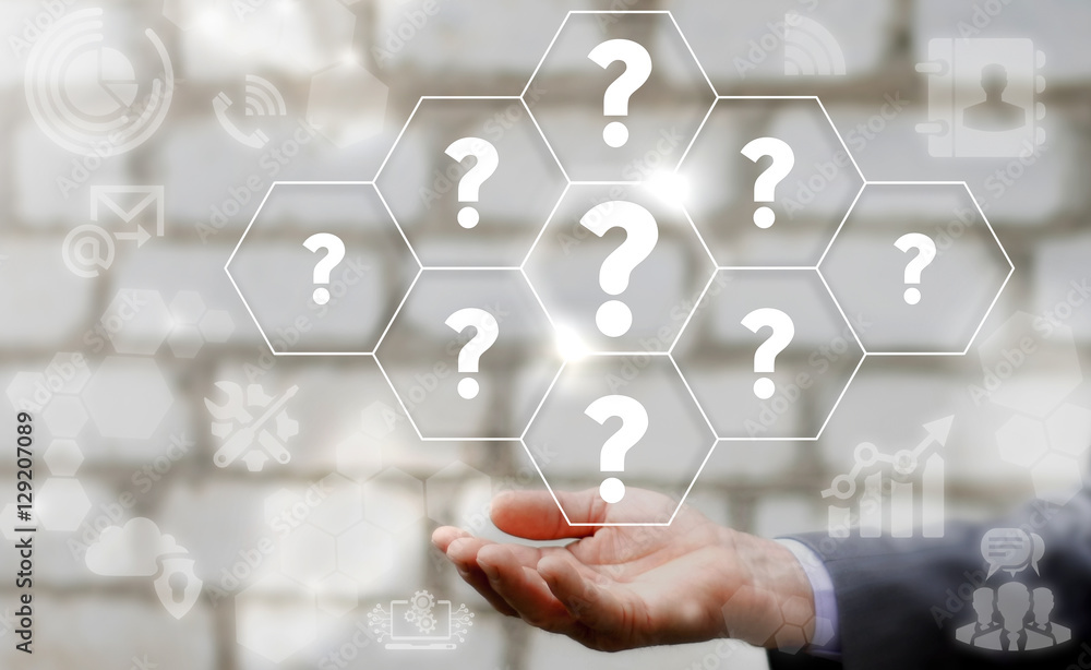 Poster businessman keep question icon set on virtual screen. support question and answer faq help service b