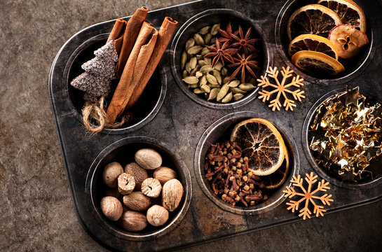 Fototapeta Christmas spices for baking Stollen and cookies