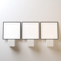 Three White square posters with black frame Mockup on white wall, 3d rendering
