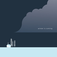 Winter landscape vector illustration in modern minimalistic style with storm snowing cloud coming.