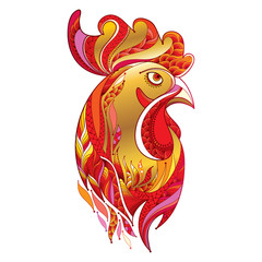 Vector outline rooster or cock head profile in gold and red isolated on white background. Symbol of New Year 2017 in Chinese calendar in contour style. Ornate rooster for celebration winter design.
