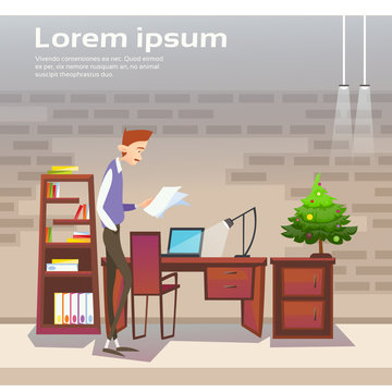 Business Man Workplace Decorated Pine Office Merry Christmas And Happy New Year Flat Vector Illustration