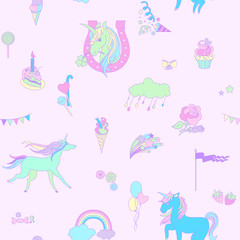 Blue unicorn on pink background with clouds, rainbows and flowers.