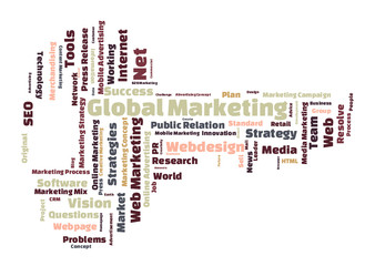 Obraz premium Global Marketing word cloud shaped as a key