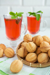Breakfast with pastries and a drink on a light background