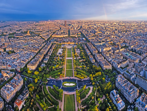 Aerial photo of a large city and a park. Champ-de-mars in Paris France. Photo taken from the Eiffel tower.