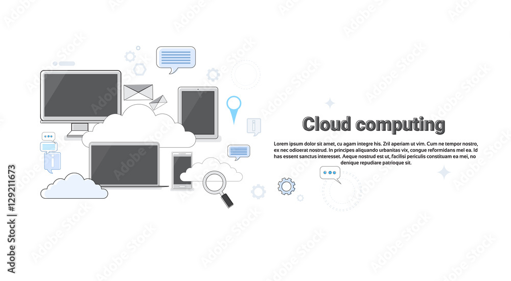 Poster computer device data cloud storage security thin line vector illustration