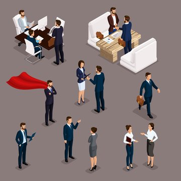 Isometric People Isometric businessmen, businessman and business woman, business clothes work, brainstorming, teamwork, business meeting on a dark background