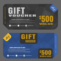 Blank of gift voucher vector illustration to increase sales on dark gray and blue background with pattern.