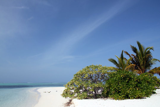 Tropical Beach with White Sand, Turqoise Water and Tropical Vegetation. Bodufinolhu, aka Fun Island, South Male Atoll, Maldives
