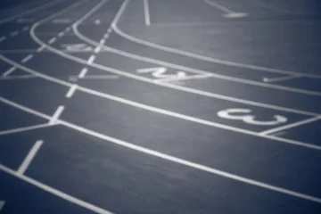 Poster Black and white, blurred image of running track with numbers from 1 to 3. Curves of a Running Track.  © Tata Chen
