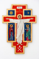 Bratislava, Slovakia 2016/06/19. Byzantine cross icon of Resurrected Jesus Christ with his Mother Mary and Saint John. Icon marking the 3rd millennium. Greek: Jesus of Nazareth, King of the Jews.