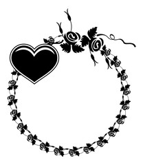 Black and white silhouette frame with roses and flying heart. 