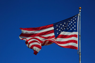 Fototapeta premium USA flag waving on the wind on clear blue sky background