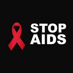 Stop AIDS poster, large white text with red ribbon black backgro