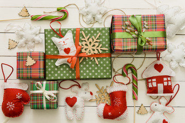 small and big Christmas Gift boxes on wood background