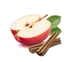 Red apple half leaf cinnamon sticks isolated on white