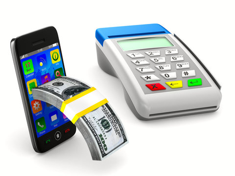 payment terminal and cash on white background. Isolated 3d image