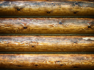 Plakat Natural wooden background from parallel wooden logs