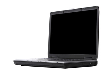 old gray laptop on white background. front view. black monitor