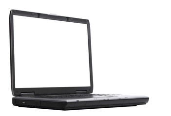 old gray laptop on white background. front view. light monitor