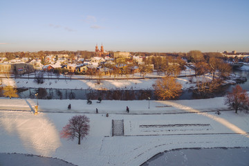 Winter sunset in Panevezys city center, Lithuania. Aerial view
