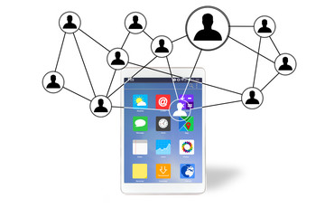 Network contact icons going out a tablet