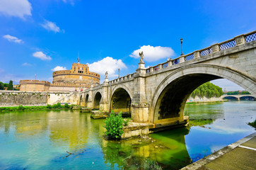 Plakat Castel Sant'Angelo and Aelian Bridge across Tiber River in Rome 