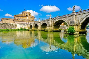 Plakat Castel Sant'Angelo and Aelian Bridge across Tiber River in Rome 