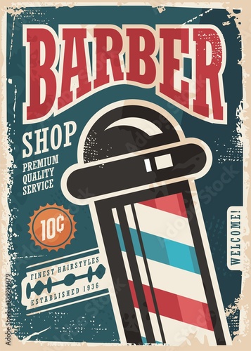 "Barber Shop retro vector poster design template on blue 