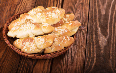 Homemade pastries, bagels in a wicker basket