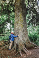 Naklejka na ściany i meble Young woman enjoying nature, embracing a tree trunk. Concept careful treatment of nature protection