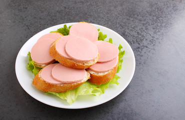 sandwiches with doctoral sausage in a white plate on a white background