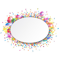 White oval banner with shiny colorful confetti and balloons. Vector illustration.