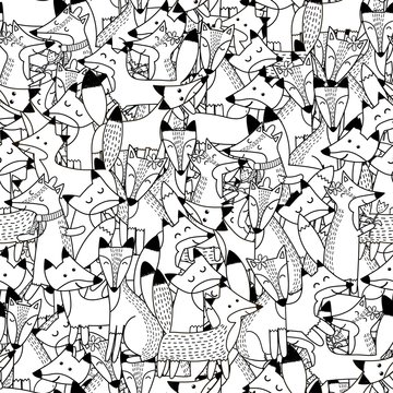 Doodle foxes seamless pattern