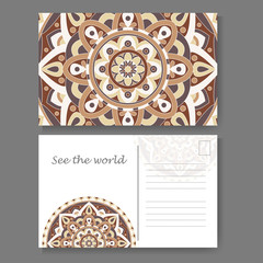 Vintage mandala design for postcard. Vector illustration. Design for greeting card with decorative ornament