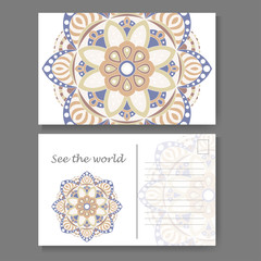 Vintage mandala design for postcard. Vector illustration. Design for greeting card with decorative ornament