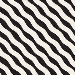 Vector Seamless Black and White Hand Drawn Diagonal Wavy Lines Pattern