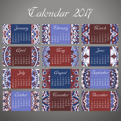 Vector calendar 2017 with decoraive elements. Vector mandala design. Template can be used for web and print design.