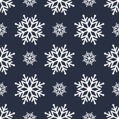 Beautiful seamless background for Merry Christmas or New year. White snow-flakes on a blue background.