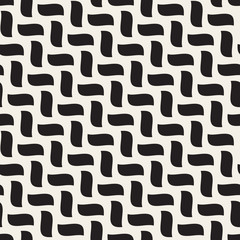 Vector Seamless Black and White Hand Drawn Diagonal Wavy Braid Shapes Pattern