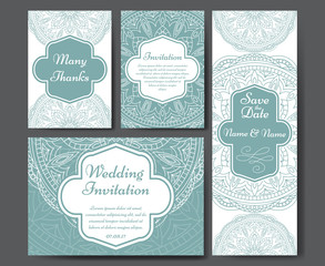 Set of wedding invitations. Wedding cards template with individual concept. Design for invitation, thank you card, save the date card.