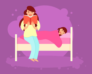Young mother reading her daughter a book in the bedroom. Vector illustration