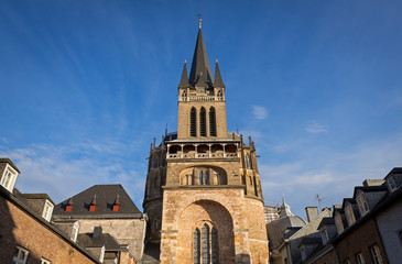 Fototapeta na wymiar Tower of Aachen Cathedral seen from the west, Germany