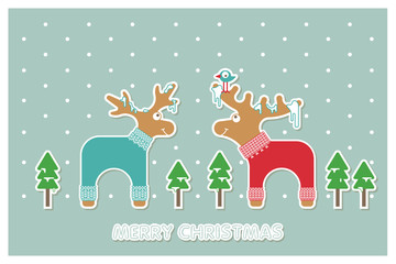 Vector xmas cute greeting card with adorable reindeer and elk in knitted sweaters. Xmas card with a wish a Merry Christmas.