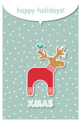 Vector xmas cute greeting card with adorable reindeer in knitted sweater. Xmas card with a wish to spend happy new year holidays.